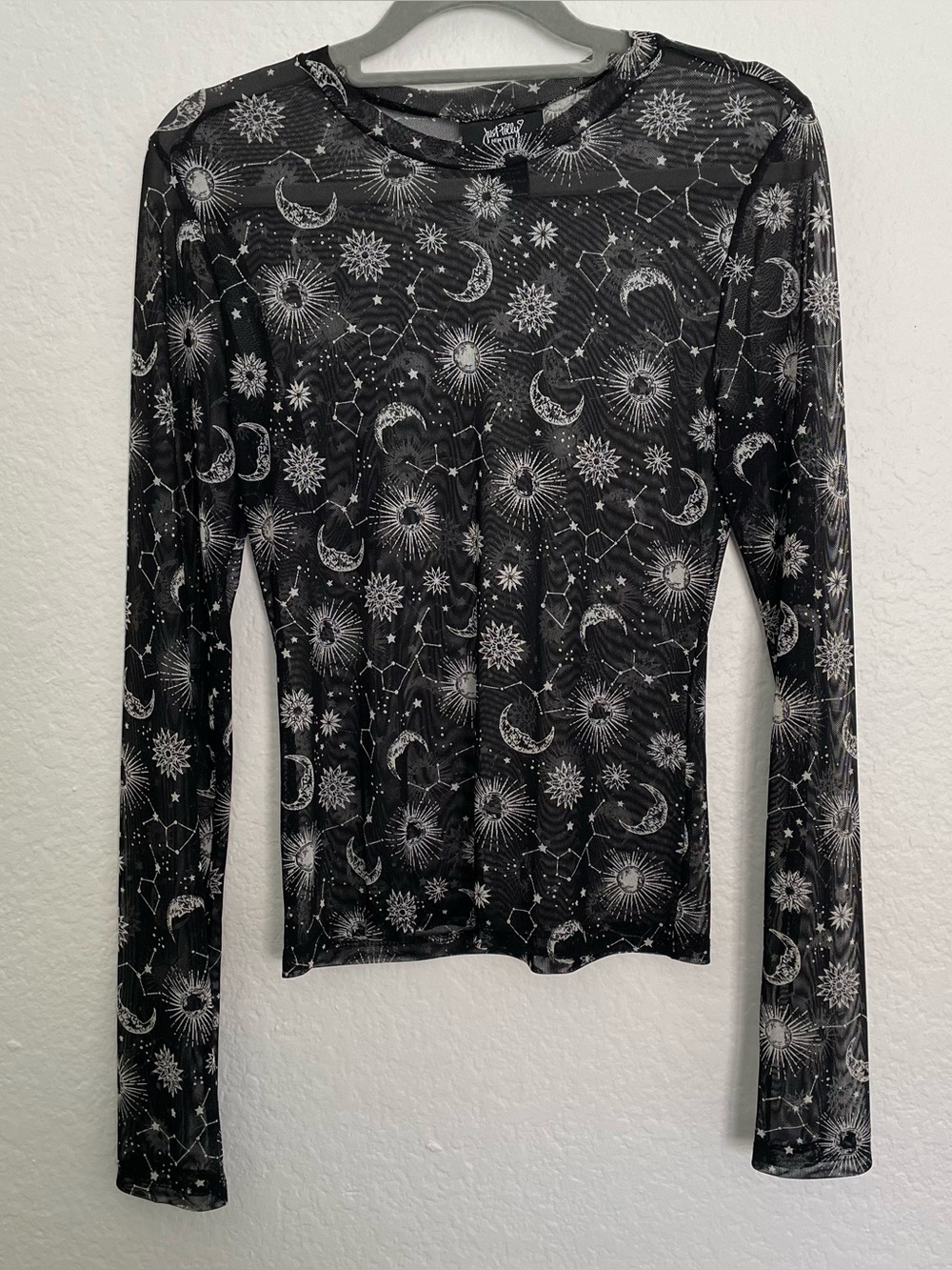 Just Polly New York M Celestial Mesh Top Sun Moon Stars Witchy Whimsygoth Y2K